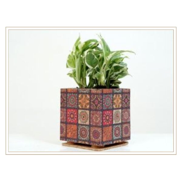 Artistic Cork Cube Planter with Vibrant Mosaic Tile Pattern Design for Stylish Indoor Plant Display and Contemporary Home Decoration