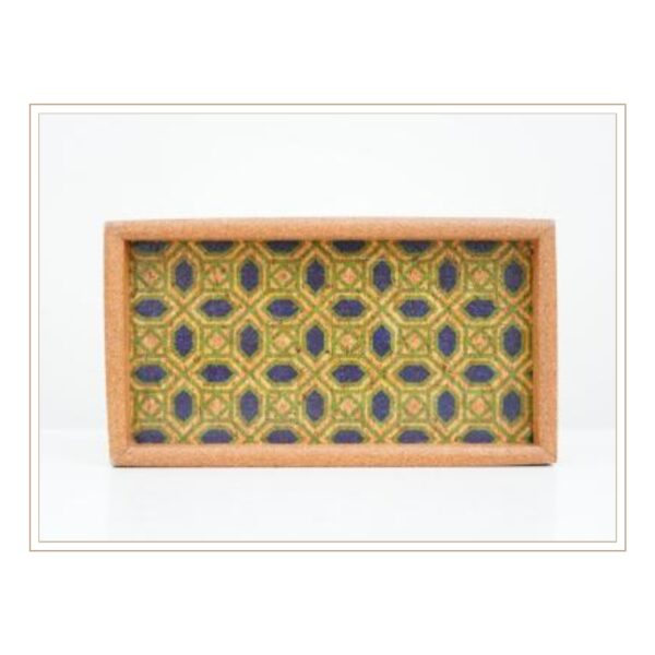 Rectangular Cork Serving Tray with Intricate Blue and Green Geometric Pattern Design for Sophisticated Home Organization and Entertaining