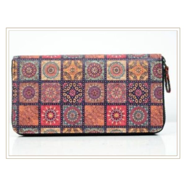 Vibrant Moroccan Tile Pattern Cork Zip Wallet with Multi-Color Mandala Design