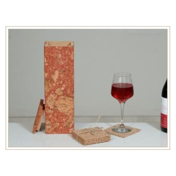 Premium Wine Presentation Set Featuring a Red-Toned Cork Gift Box and Coordinated Coasters for Sophisticated Entertaining
