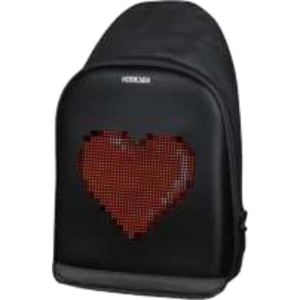 Modern Black LED Backpack With Pixelated Red Heart Design For Creative Personal Expression, School, Or Travel Usage