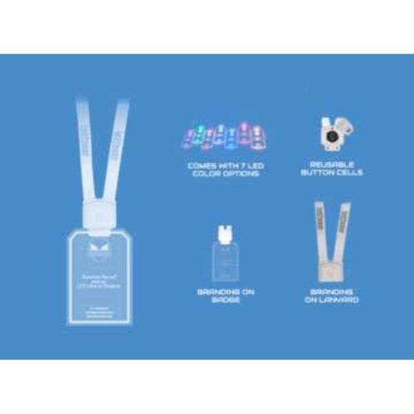Seven LED Color Badge Lanyard With Branding On Shoelace And Badge, Sustainable Button Usage For Professional Gatherings