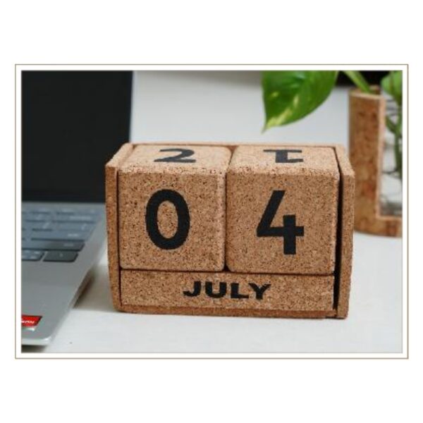 Sustainable Cork Block Perpetual Calendar with Adjustable Cubes for Displaying Month, Date, and Day in Home or Office Settings