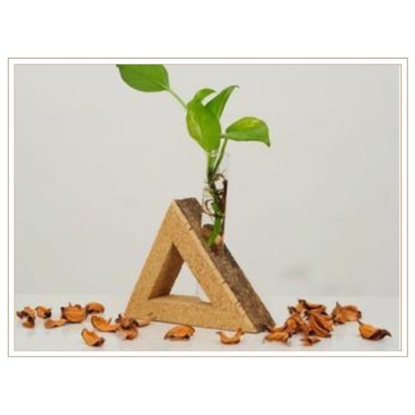 Contemporary Triangle Cork Plant Stand with Geometric Design and Hidden Glass Tube for Modern Sculptural Plant Display