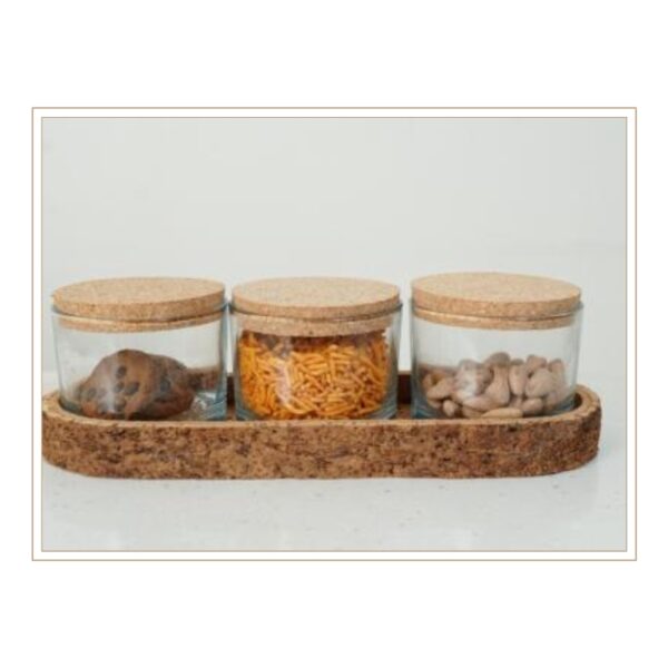 Premium Three-Container Cork Storage System with Clear Glass Jars and Natural Cork Lids on Matching Oval Base Tray