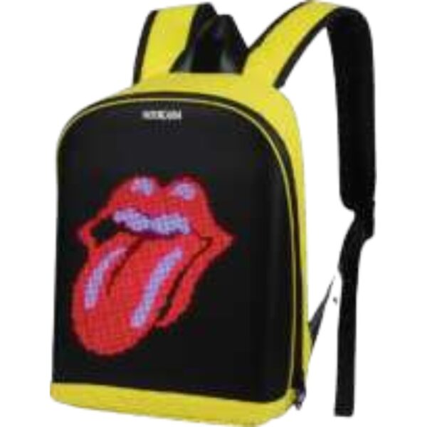 Eye-Catching Yellow Backpack With Iconic Red Rolling Tongue LED For Fans Of Rock, Fun, Or Pop Culture