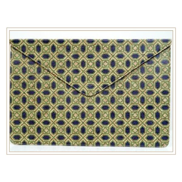 Contemporary Cork Envelope Clutch with Blue and Green Geometric Pattern for Modern Sustainable Fashion