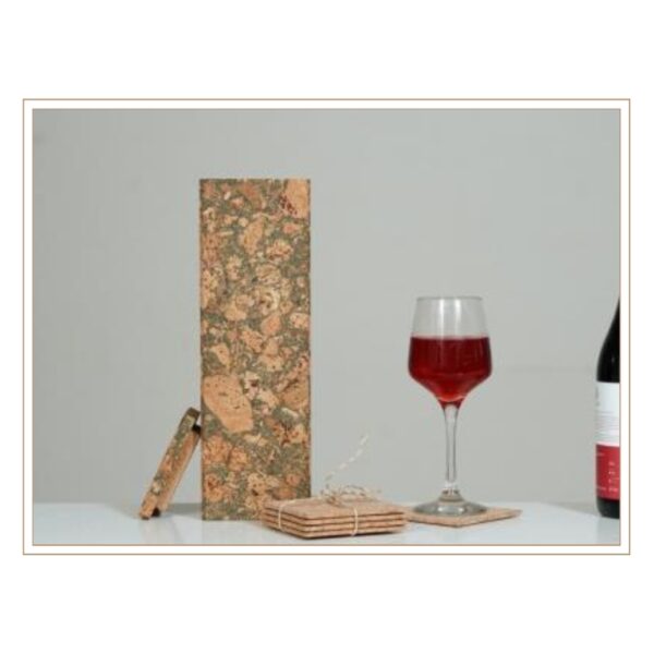 Modern Wine Gift Ensemble with Green-Hued Natural Cork Box and Rustic Coasters for Stylish Gatherings