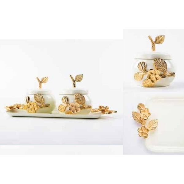 Ivory Dual Jar Set with Detailed Gold Floral Embellishments and Leaf Handles – 100% Made in India
