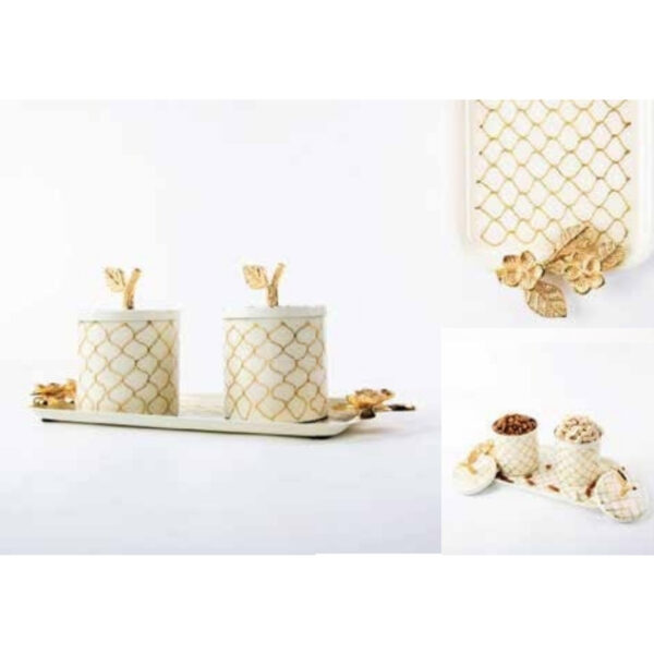 Luxury Ivory Storage Jar Set with Intricate Golden Lattice Detailing and Floral Decor on Serving Tray – 100% Made in India