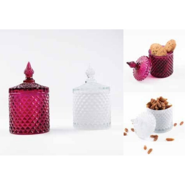 Diamond-Cut Textured Glass Jar Pair in Ruby Red and Crystal White with Decorative Lid – 100% Made in India