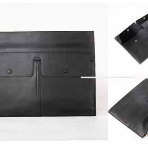 Sleek Black Luxury Leather Document & Laptop Sleeve with Button Closure and Multiple Pockets – 100% Made in India