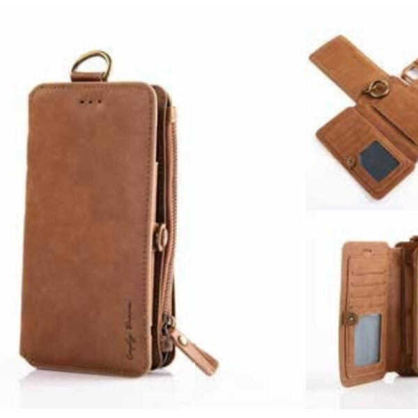 Classic Tan Multi-Function Leather Phone Wallet Case with Zipper Closure and Card Slots – 100% Made in India