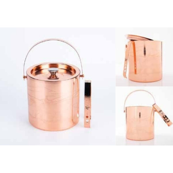 Handcrafted Polished Copper Ice Bucket with Lid, Handle, and Matching Hammered Tongs – 100% Made in India