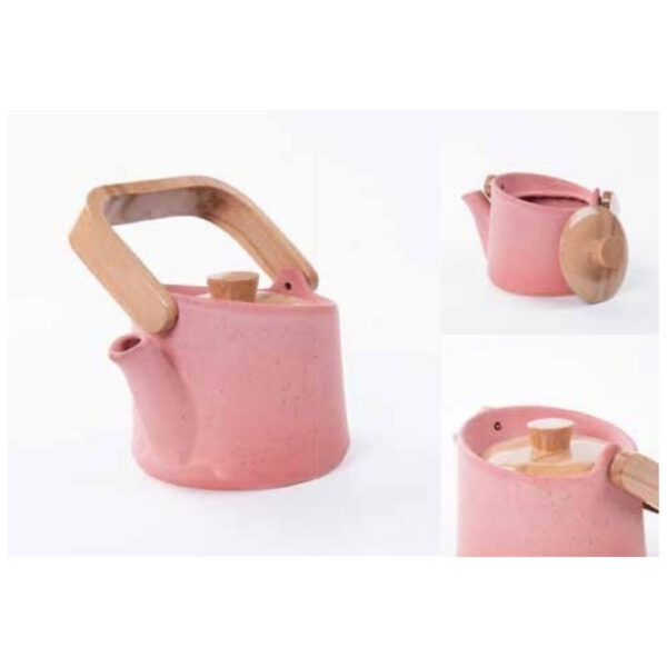 Artisan Pastel Pink Ceramic Teapot with Ergonomic Wooden Handle and Natural Wood Lid – 100% Made in India