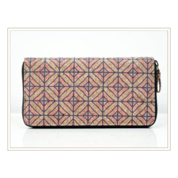 Contemporary Cork Zip Wallet with Diamond Geometric Pattern in Coral and Purple