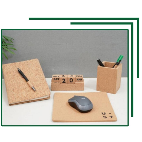 Complete Cork Office Desktop Set with Notebook, Calendar, Pen Holder, and Mouse Pad for Organized Workspace
