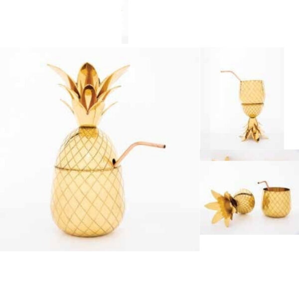 Statement Golden Pineapple Shaped Cocktail Tumbler with Decorative Lid and Matching Straw – 100% Made in India