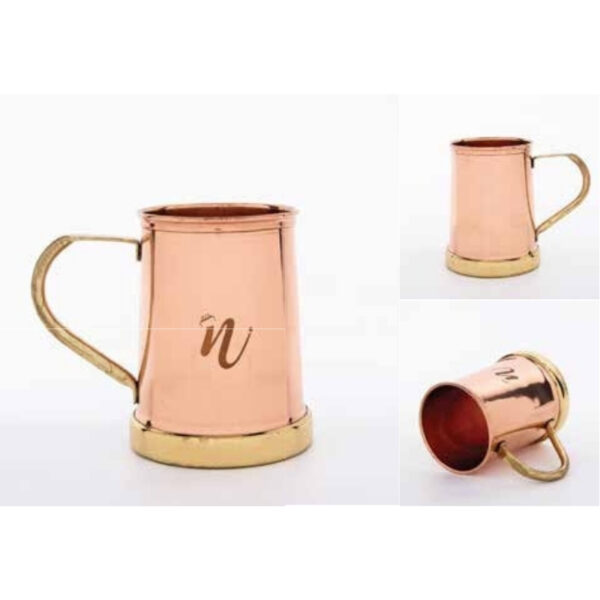 Traditional Copper Beer Mug with Antique Brass Handle and Base, Engraved Initial – 100% Made in India