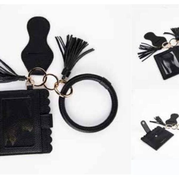 Black Faux Leather Bangle Keychain Set with Tassel, Card Holder, and ID Display – 100% Made in India