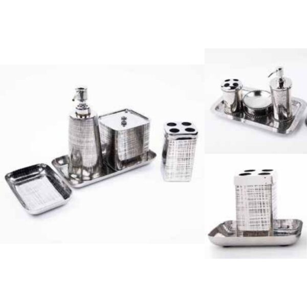 Contemporary Textured Silver Bathroom Accessories Set with Soap Dispenser, Toothbrush Holder, Cotton Box, and Matching Trays – 100% Made in India
