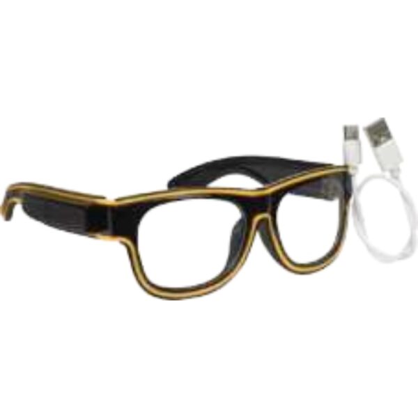 Trendy Rechargeable LED Light-Up Glasses with Bold Black Frame and Golden Accent for Parties and Stage Performances
