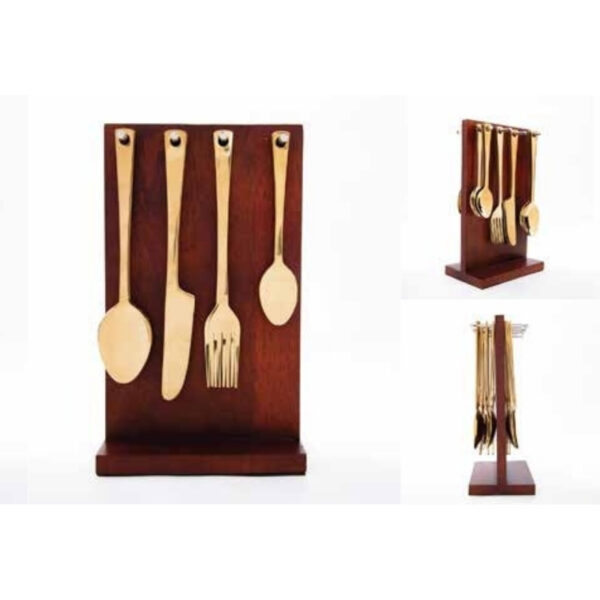 Premium Gold Finish Stainless Steel Cutlery Set with Polished Wooden Display Stand – 100% Made in India