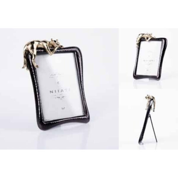Handcrafted Black Modern Photo Frame with Gold-Finish Resting Cheetah Accent – 100% Made in India