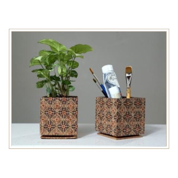 Versatile Cork Cube Planters with Traditional Pattern Design for Dual-Purpose Plant Display and Desktop Organization