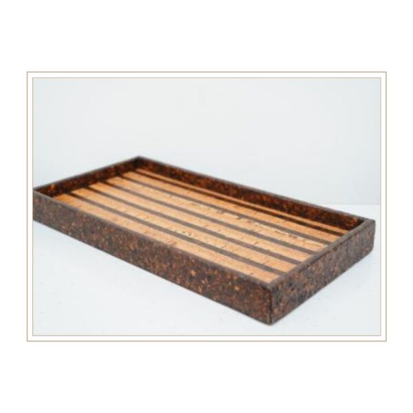 Contemporary Cork Serving Tray with Linear Wood Strip Inlay Pattern for Modern Minimalist Home Organization and Display
