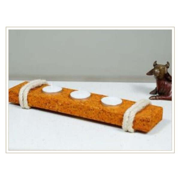 Long Recycled Cork Candle Stand for Three Tea Lights with Nautical Rope Finish
