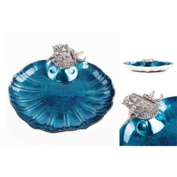 Ocean-Inspired Blue Enamel Metal Decorative Plate with Silver Sea Shell Embellishments – 100% Made in India