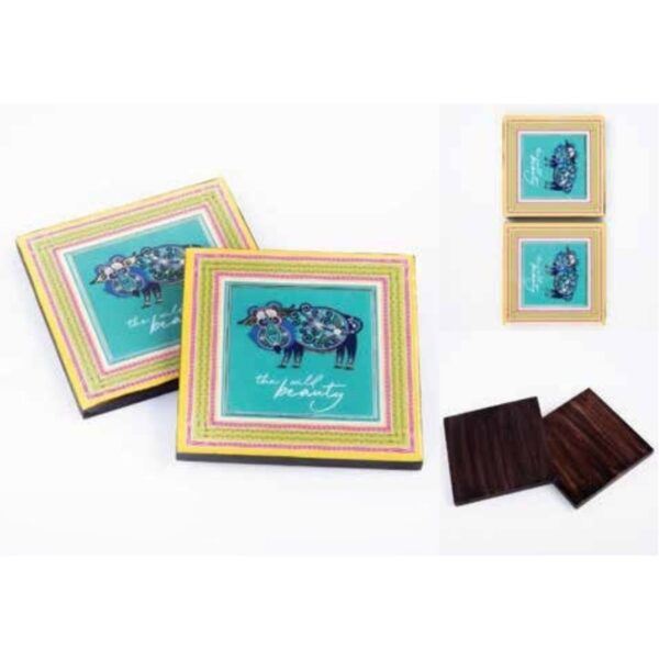 Handcrafted Wooden Coaster Set with Artistic ‘Wild Beauty’ Motif – Vibrant Table Protection for Drinks – 100% Made in India