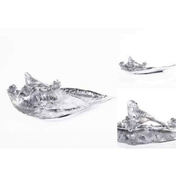 Handcrafted Silver Leaf Dish Featuring a Delicate Sparrow Figurine with Textured Floral Motif – 100% Made in India