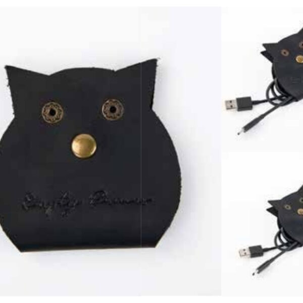 Cute Black Faux Leather Cat-Shaped Cable Organizer with Snap Closure – 100% Made in India