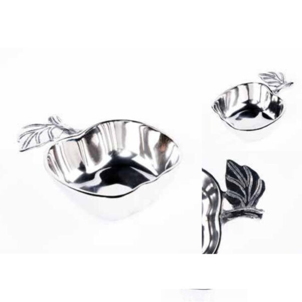 Artisanal Silver Apple-Shaped Bowl with Embossed Decorative Leaf Handle – 100% Made in India