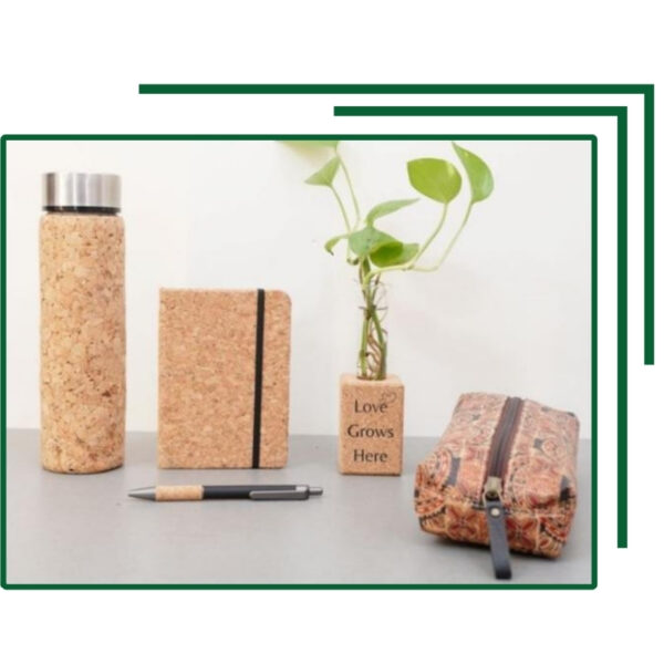 Cork Bottle, Notebook, Pen, Plant Vase, and Designer Pouch Set for Creative Eco-Friendly Gifting