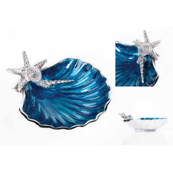 Elegant Blue Enamel Shell Bowl with Silver Starfish and Nautilus Shell Detailing – 100% Made in India