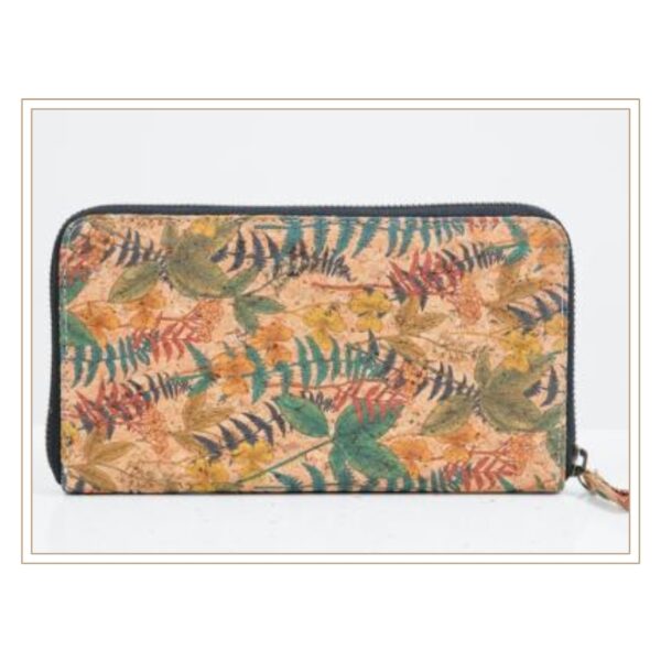 Nature-Inspired Cork Zip Wallet with Botanical Leaf and Fern Pattern Design