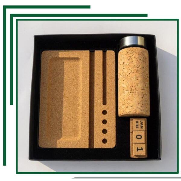 Cork Desk Organizer Set with Bottle and Perpetual Calendar Blocks