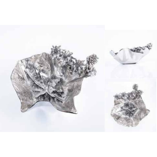 Silver Finish Organic Sculptural Metal Fruit Bowl with Elevated Floral Accents – 100% Made in India