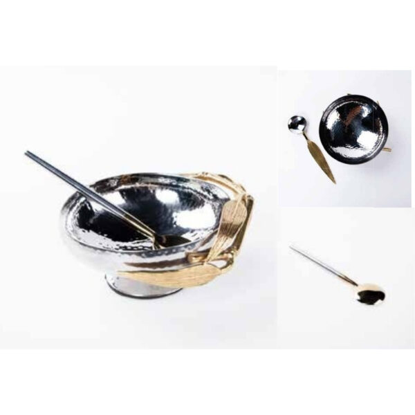 Handcrafted Hammered Silver Bowl with Ornate Gold Leaf Handle and Matching Spoon – 100% Made in India