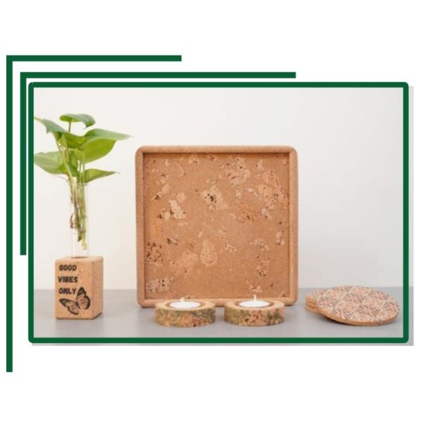 Good Vibes Only Cork Tray Set With Tea Lights, Coasters, And Plant Vase For Cozy Sustainable Spaces