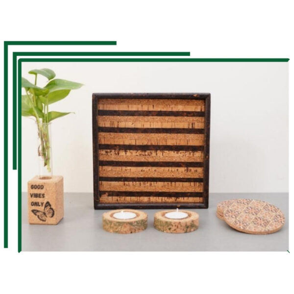 Artistic Striped Cork Tray And Good Vibes Vase Set With Coasters And Tealight Holders For Positive Spaces