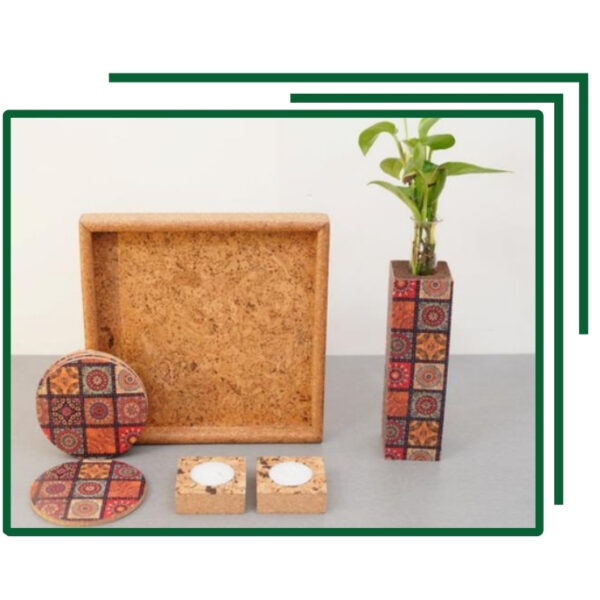 Contemporary Patterned Cork Tray Set With Designer Vase, Square Tealight Holders And Matching Artistic Coasters