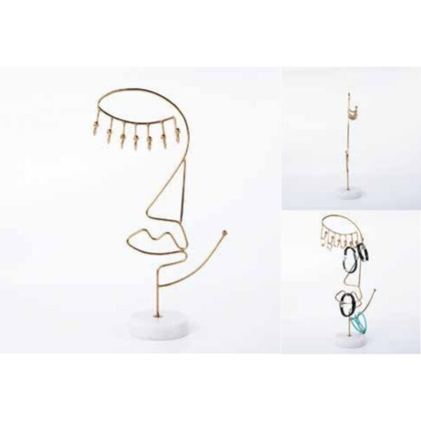 Modern Abstract Gold Wire Profile Face Jewelry Organizer Featuring Multiple Hooks and White Marble Base – 100% Made in India