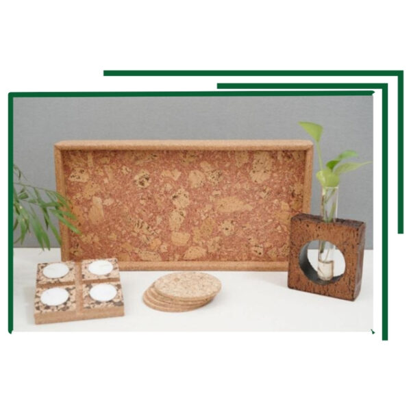 Sustainable Rectangle Cork Tray Kit With Four Tealight Holders, Matching Coasters And Brown Decorative Planter Vase