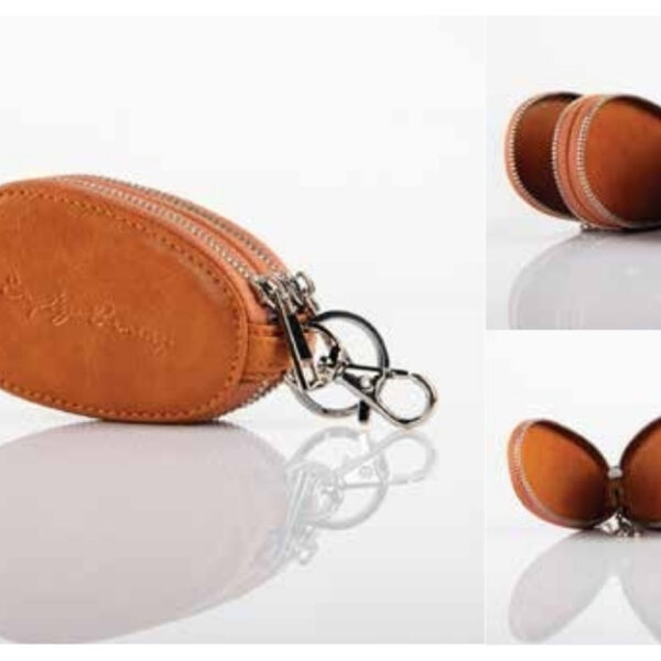 Classic Tan Leather Double-Zip Mini Coin Purse with Keyring Attachment – 100% Made in India