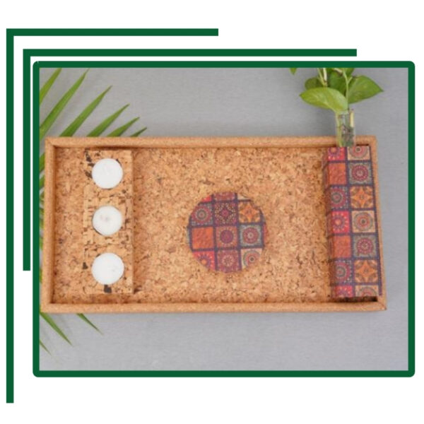 Creative Rectangular Cork Organizer Tray With Tea Light Holder, Geometric Coaster, And Designer Vase For Modern Spaces