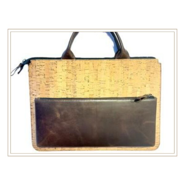 Premium Eco-Friendly Cork Office Laptop Bag with Brown Leather Front Zipper Pocket